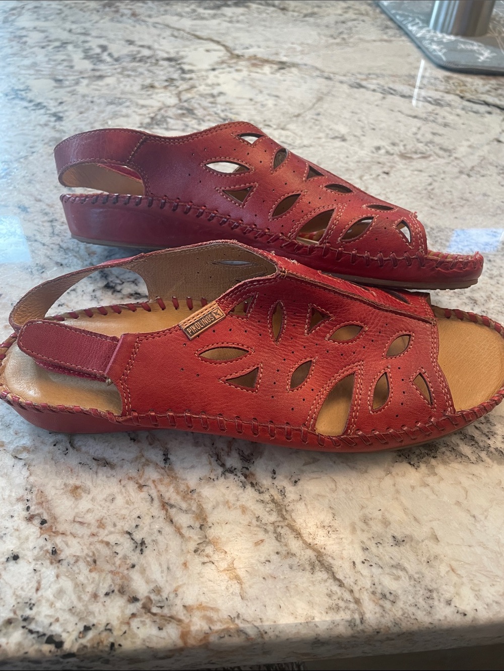 PIKOLINOS Red Leather Cutout Sandals w/Adjustable Slingback Straps. Comfortable